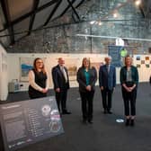 The opening of the Carbon Conflict and Climate Change exhibition at the National Mining Museum in Newtongrange. From left:  Victoria Robb, Education Manager, NMMS; Colin Beattie, SNP MSP and Vice Chair of NMMS Board of Trustees; Tracy Shimmield, Executive Director, Lyell Centre at the British Geological Survey and Heriot Watt University; Rt Hon Henry McLeish, Chairman, NMMS Board of Trustees; Jenny Gilruth, Minister for Culture, Europe and International Development;  Nicole Manley PhD environmental artist and soil hydrologist British Geological Survey;  Mhairi Cross, Chief Executive, NMMS.