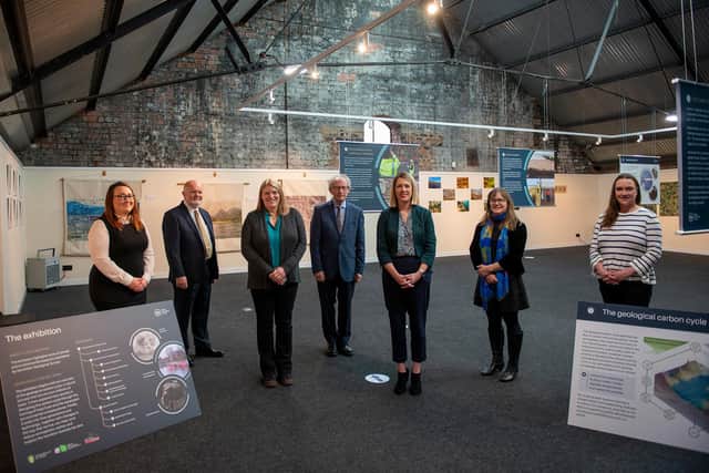 The opening of the Carbon Conflict and Climate Change exhibition at the National Mining Museum in Newtongrange. From left:  Victoria Robb, Education Manager, NMMS; Colin Beattie, SNP MSP and Vice Chair of NMMS Board of Trustees; Tracy Shimmield, Executive Director, Lyell Centre at the British Geological Survey and Heriot Watt University; Rt Hon Henry McLeish, Chairman, NMMS Board of Trustees; Jenny Gilruth, Minister for Culture, Europe and International Development;  Nicole Manley PhD environmental artist and soil hydrologist British Geological Survey;  Mhairi Cross, Chief Executive, NMMS.