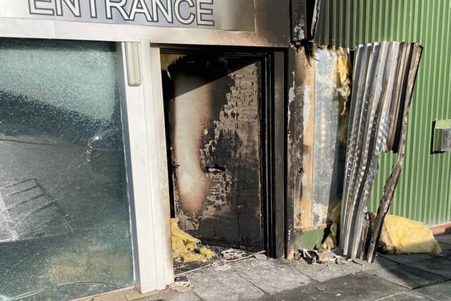 The entrance at Saltire Soft Play Centre at Mayfield Industrial Estate was badly damaged by a 'wilful' fire on August 12 last year