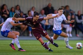 Ciara Grant battles for the ball. Credit: (© ScottishPower Women’s Premier League | Malcolm Mackenzie)