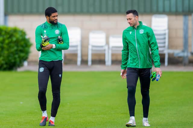 Dillon Barnes (left) is on stand by in case Ofir Marciano fails to recover from hamstring injury in time for tri to Ibrox. Photo by Mark Scates / SNS Group