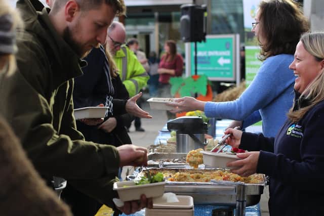 Crofters and small-scale farmers served up locally grown food as part of a demonstration 'feast' outside the Scottish Parliament. Picture: Clem Sandison/Landworkers' Alliance