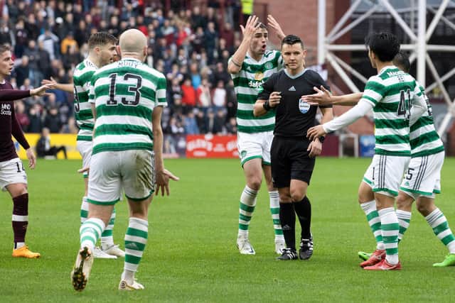 The Celtic players appeal to referee Nick Walsh for a hanball in the box by Michael Smith. Picture: Alan Harvey / SNS