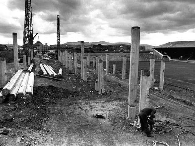 Foundation piles for a grandstand begin to sprout on the old East Terracing at Murrayfield in April 1982 as a new all-seater stand is built to replace the terracing..