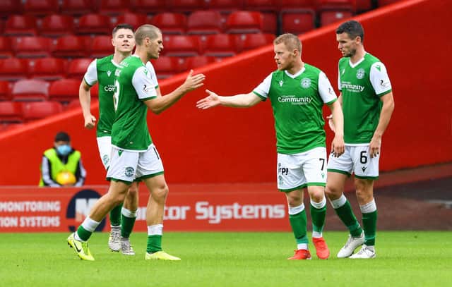 Hibs winger Daryl Horgan celebrates with Alex Gogic after scoring to make it 1-1 during a pre-season friendly match between Aberdeen and Hibernian at Pittodrie, on July 25, 2020, in Aberdeen, Scotland. Pic: SNS Group