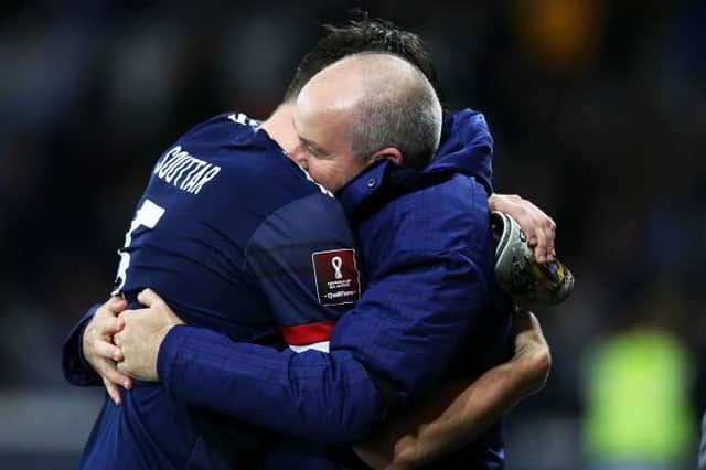 Scotland manager Steve Clarke celebrates with John Souttar at the end of the 2-0 win over Denmark which saw the Hearts defender mark his return to the side with a goal.(Photo by Craig Williamson / SNS Group)
