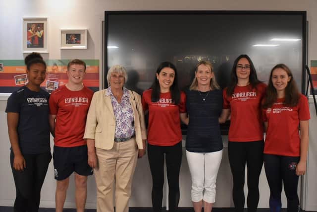 Eric Liddell Sport Scholars Jika Nyirenda, Jamie Croll, Sue Caton, Lucy Evans, Eilidh Child, Alyson Bell and Fiona Bunn at the re-opening.