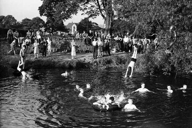 Boys bathe in Water of Leith, at Saughton, in the hot July of 1955.
