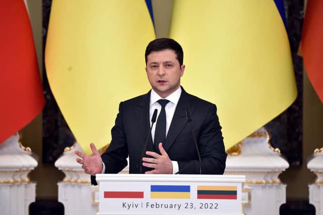 Ukrainian President Volodymyr Zelensky attends a joint press conference with his counterparts from Lithuania and Poland following their talks in Kyiv. Picture: Sergei Supinsky/AFP via Getty Images