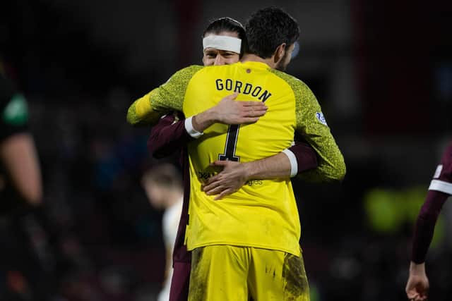 EDINBURGH, SCOTLAND - FEBRUARY 12: Hearts' Peter Haring and Craig Gordon celebrate at full time during a Scottish Cup match between Hearts and Livingston at Tynecastle, on February 12, 2022, in Edinburgh, Scotland.  (Photo by Ross Parker / SNS Group)