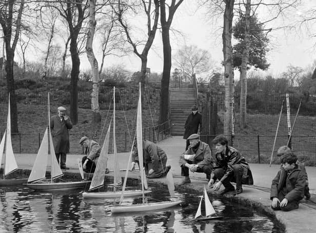 Members of Inverleith Model Yacht Club at Inverleith Pond in March 1964.