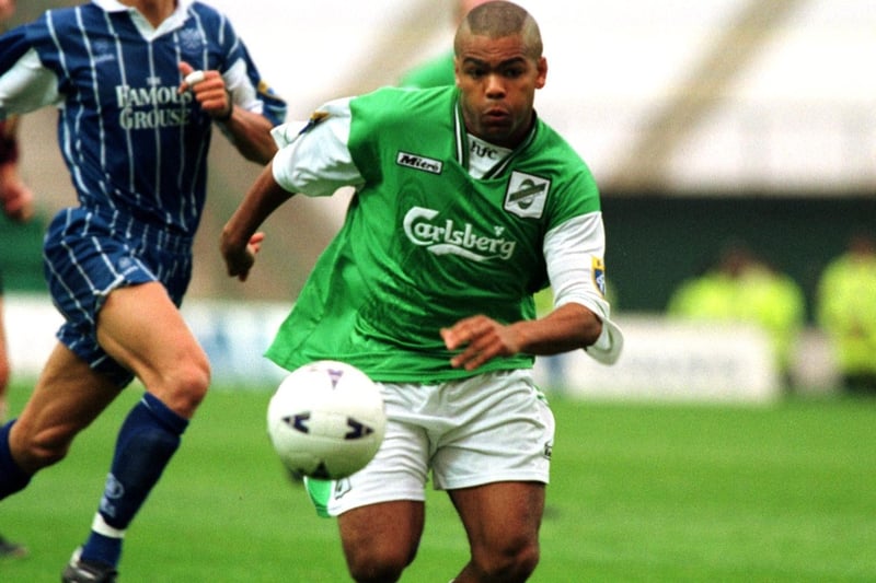 A fans favourite Hibs home top, with it's distinctive collar featuring an HFC logo, as worn by Kevin Harper against St Johnstone. Although the strip is remembered fondly, that season was not, with the Hi-bees relegated to the First Division.