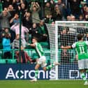 Josh Campbell celebrates scoring his first and Hibs' second