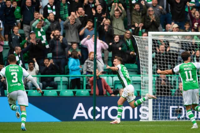 Josh Campbell celebrates scoring his first and Hibs' second
