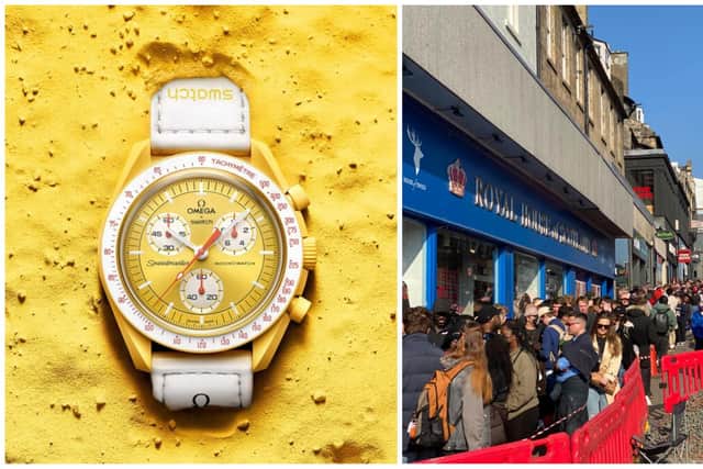 In March, watch lovers travelled from all over the UK in the hope of getting their hands on the Swatch x Omega Bioceramic Moonswatch. Photos: Swatch.com / Callum @Mullac42, Twitter