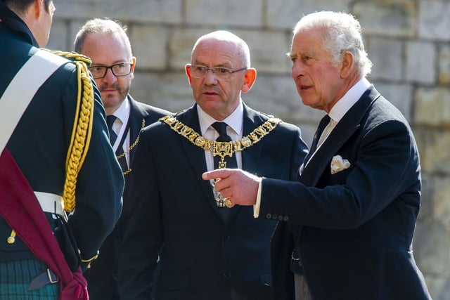 King Charles III speaks to Lord Provost of Edinburgh Robert Aldridge at the Ceremony of the Keys at the Palace of Holyroodhouse, Edinburgh.