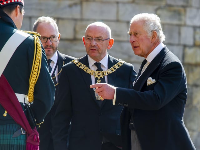 King Charles III speaks to Lord Provost of Edinburgh Robert Aldridge at the Ceremony of the Keys at the Palace of Holyroodhouse, Edinburgh.