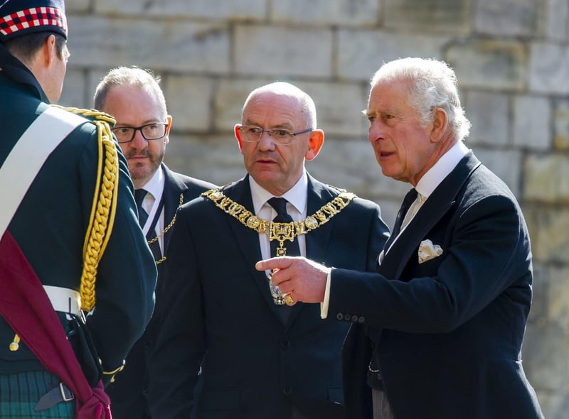 King Charles III speaks to Lord Provost of Edinburgh Robert Aldridge at the Ceremony of the Keys at the Palace of Holyroodhouse, Edinburgh.