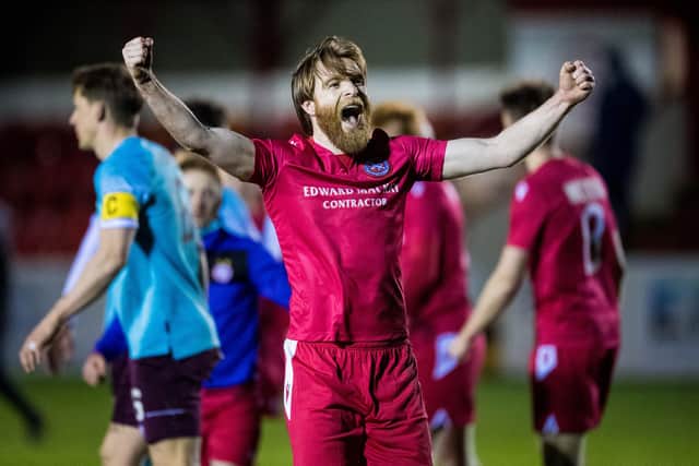 Brora Rangers player Dale Gillespie celebrates after the Highland League side defeated Hearts in the Scottish Cup in March 2021. Picture: SNS