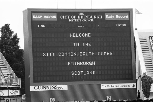 The electronic scoreboard welcomes people to the opening ceremony of the Edinburgh Commonwealth Games 1986.