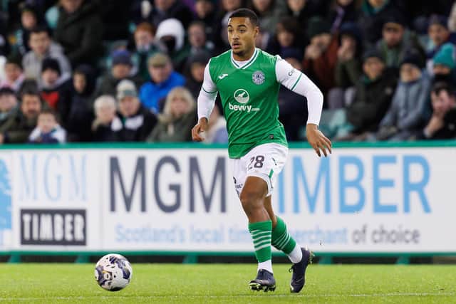 Hibernian's Belgian midfielder Allan Delferriere during a Cinch Premiership match between Hibs and Ross County  at Easter Road, on October 31, 202. (Photo by Ross Parker / SNS Group)