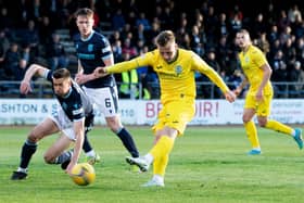 James Scott goes close in the first half of Hibs' defeat at Dundee. Picture: SNS