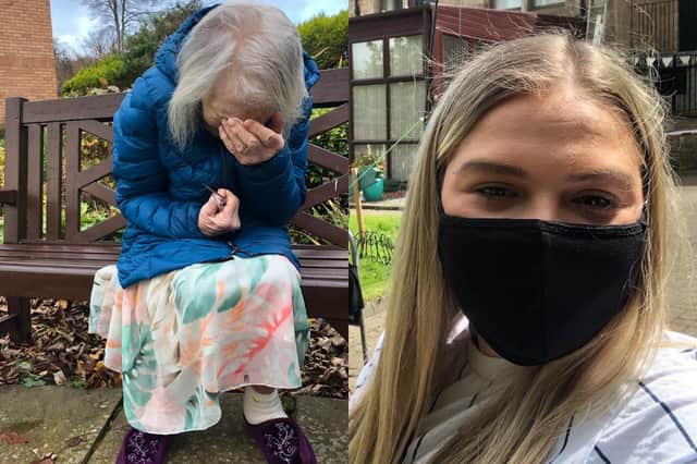 Mary Boag pictured outside her care home in Edinburgh and Lucy Challoner wearing a mask during a visit to her loved ones picture: Lucy Challoner