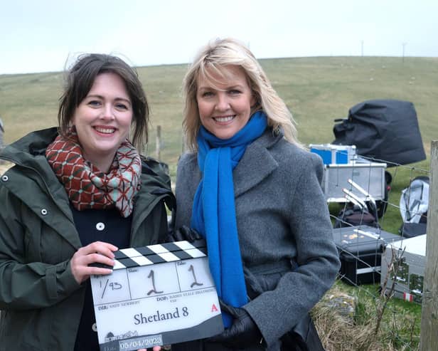 Alison O'Donnell and Ashley Jensen on the set of the new series of Shetland. Picture: Mark Mainz