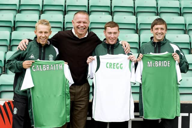 Danny Galbraith with manager John Hughes after signing for Hibs, alongside Patrick Cregg and Kevin McBride. Picture: SNS