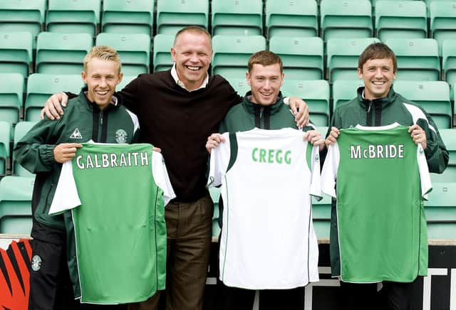 Danny Galbraith with manager John Hughes after signing for Hibs, alongside Patrick Cregg and Kevin McBride. Picture: SNS