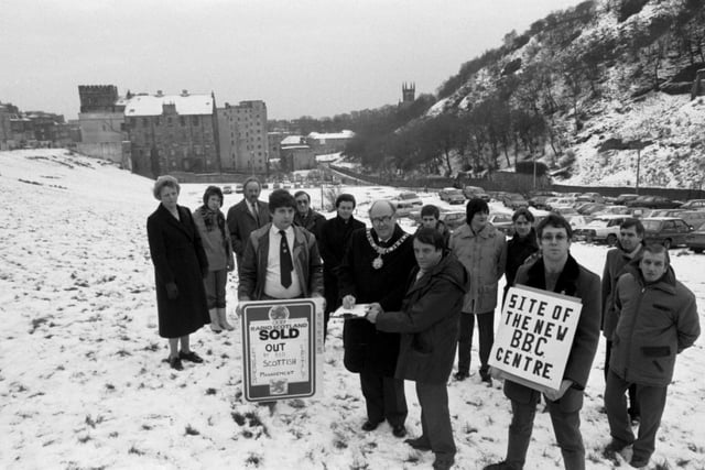 Edinburgh Lord Provost John Mackay signs a petition to 'Keep the BBC in Edinburgh' at the Greenside Place gap site in January 1986.
