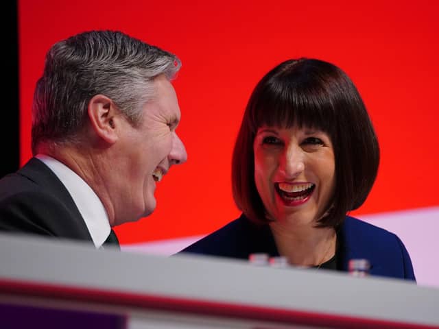 Labour leader Sir Keir Starmer shares a joke with shadow chancellor Rachel Reeves at the Labour Party Conference in Liverpool. Picture: Peter Byrne/PA Wire.