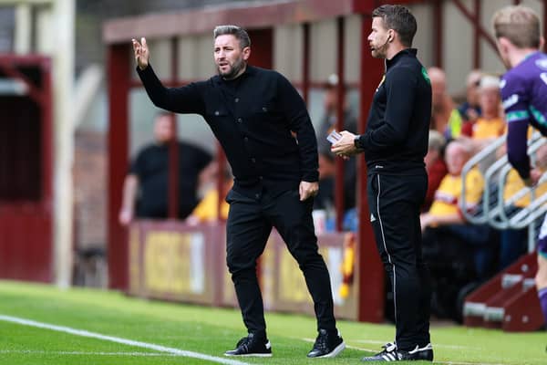 Lee Johnson issues instructions from the sidelines during Hibs' defeat to Motherwell at Fir Park. Picture: SNS
