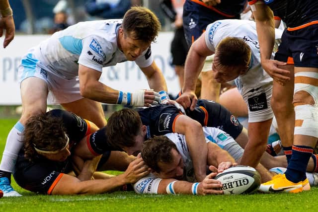 Fraser Brown scores a first half try for Glasgow Warriors on his 100th appearance for the club.