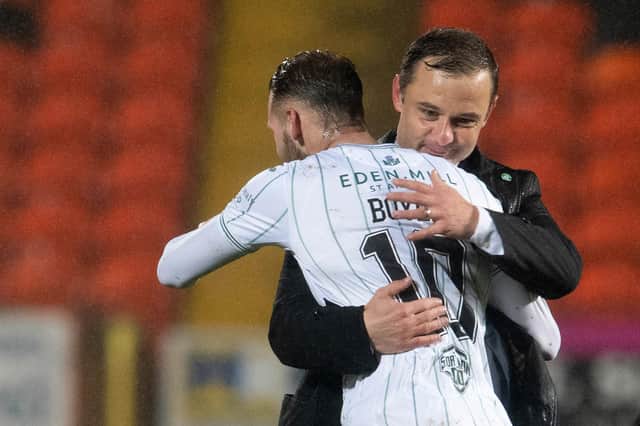 Hibs boss Shaun Maloney congratulates Martin Boyle after his three assists in the 3-1 win against Dundee United