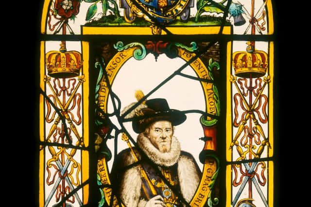 A stained glass window depicting James VI and his lover, the Duke of Buckingham. PIC: NMS.