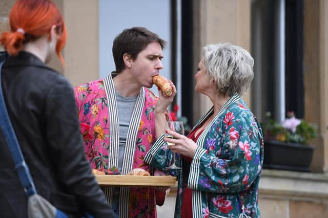 Joe Thomas as Mark (Sorcha's mum's new boyfriend) feeds a croissant to Sharon Small (Sorcha's mum Catherine). Picture: Young Films