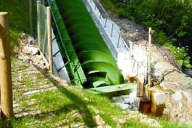 The hydro dynamic screw, based on the Archimedes screw works in reverse, commissioned in 2007. It was the first of its kind in the UK & produces enough electricity for the Park to be self sufficient for some 8 months of the year.