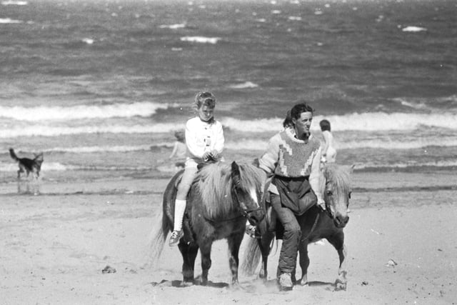 A little girl rides a pony at Portobello beach in May, 1989.