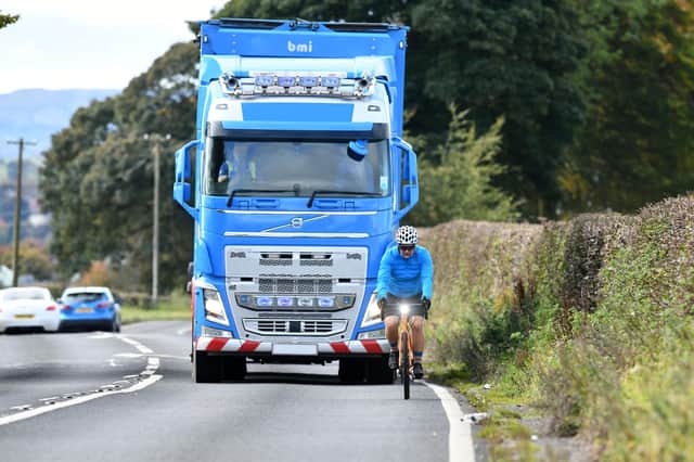 Lorries and other large vehicles have blind spots when turning left, which makes it hard for them to see people cycling.