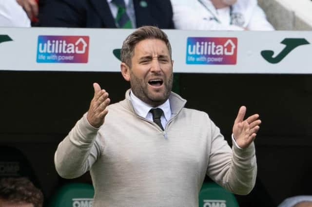Hibs boss Lee Johnson reacts during the 2-2 draw with Rangers