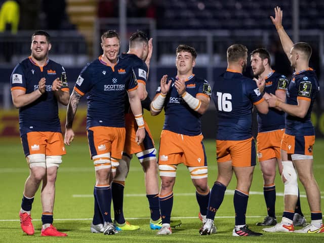 Edinburgh celebrate their Challenge Cup victory over Bath, their first win in a knockout tie for seven years. (Photo by Ross Parker / SNS Group)