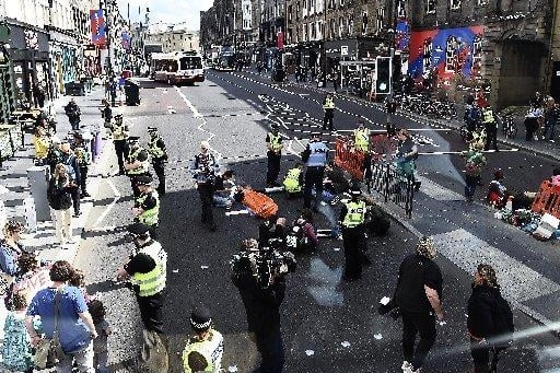 Activists from Extinction Rebellion Scotland blocked Lothian Road in an environmental protest. 17 June 2019