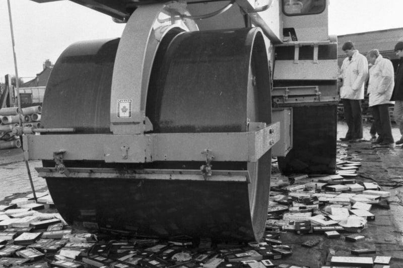 In Edinburgh, January 1990, 500 pirate video tapes, which were seized by Trading Standards officers, were crunched by a road roller, on behalf of Lothian Regional Council.