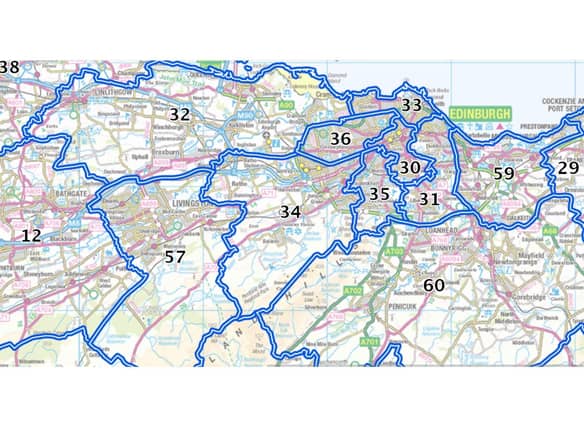These are the constituencies proposed by Boundaries Scotland: 12) Bathgate and Almond Valley; 32) Edinburgh Forth and Linlithgow; 57) Livingston; 34) Edinburgh Pentlands; 36) Edinburgh Western; 33) Edinburgh Northern and Leith; 30) Edinburgh Central; 35) Edinburgh Southern; 31) Edinburgh Eastern; 60) Midlothian South; 59) Midlothian North and Musselburgh; 29) East Lothian.