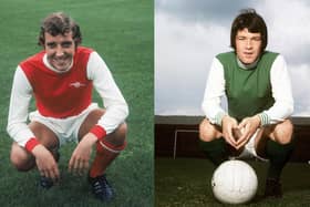 Sammy Nelson of Arsenal and Jimmy O'Rourke of Hibs sport classic examples of their clubs' iconic jerseys