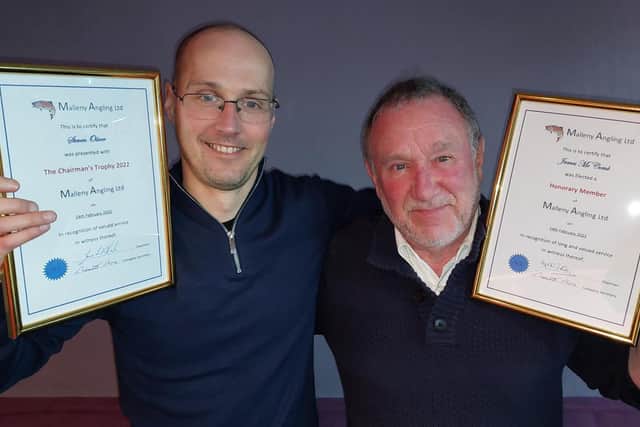Steven Oliver (left) and Jim McComb with their certificates presented by Malleny Angling. Picture: Nigel Duncan