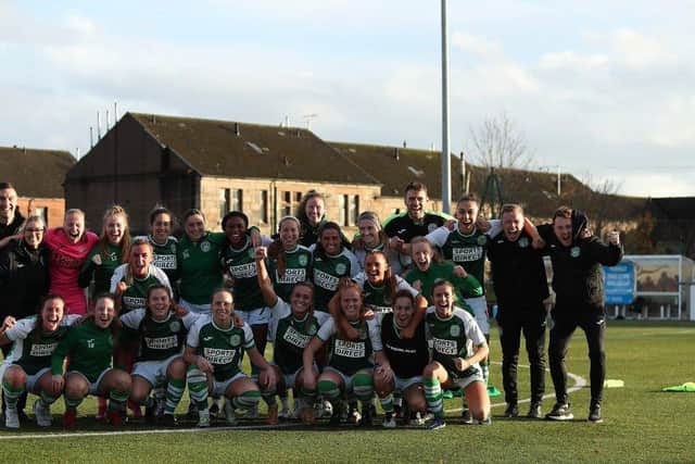 Hibs celebrate a sensational semi-final victory over Glasgow City at Meadownbank. Picture: HFC