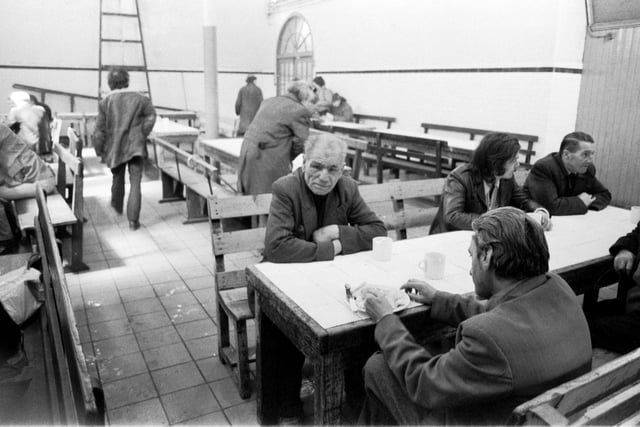 Men in the canteen of the Castle Trades hotel, a hostel for homeless men in the Grassmarket Edinburgh, May 1980.