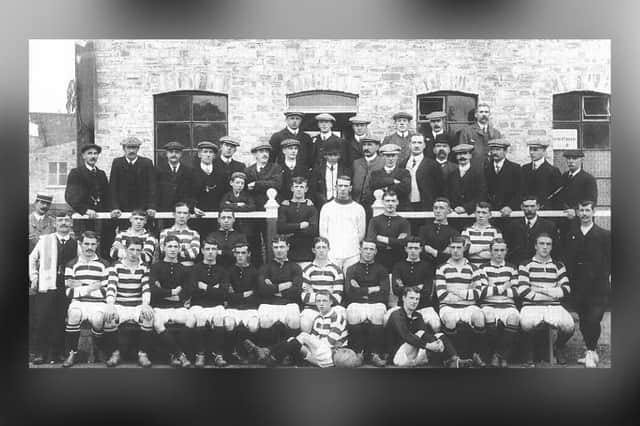 Dundee Hibernians and Edinburgh Hibernians (hooped shirts) teams and staff come together for a picture to mark their friendly match to open Tannadice Park in 1909